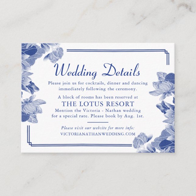 Carte D'accompagnement Détails de mariage floral chinoiserie bleu et blan (Devant)