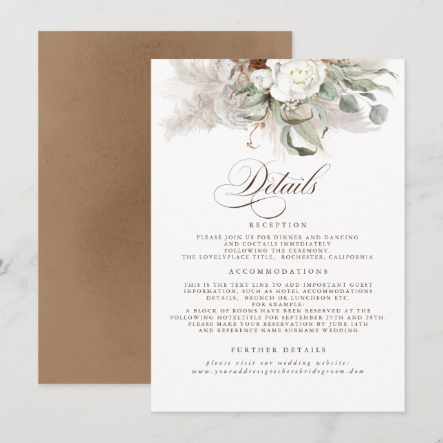 Carte D'accompagnement Détails de mariage floral Herbe des Pampas Teintes (Devant / Derrière)