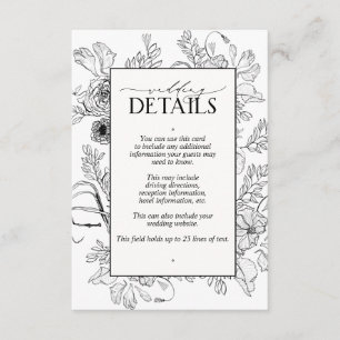 Carte D'accompagnement Détails de mariage floral noir et blanc élégant