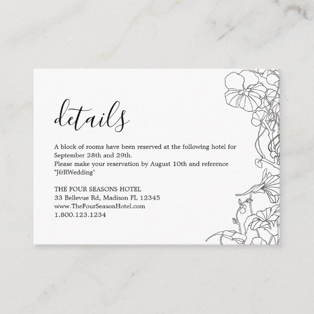 Carte D'accompagnement Détails de mariage floral noir et blanc moderne (Devant)
