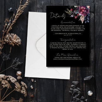 Carte D'accompagnement Détails de mariage floral noir gothique élégant