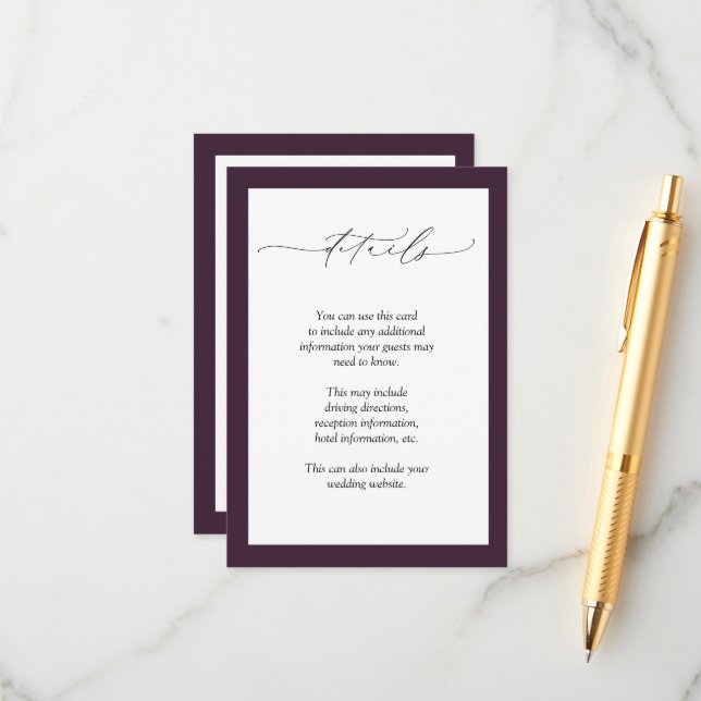 Carte D'accompagnement Détails de mariage floral pourpre Elegant Plum (Devant/Arrière en situation)