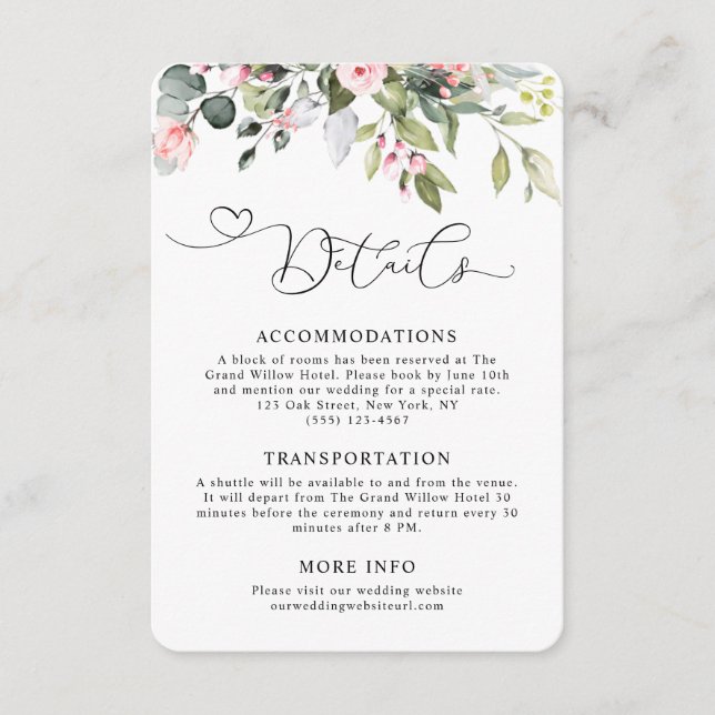 Carte D'accompagnement Détails de mariage floral rose avec verdure d'euca (Devant)