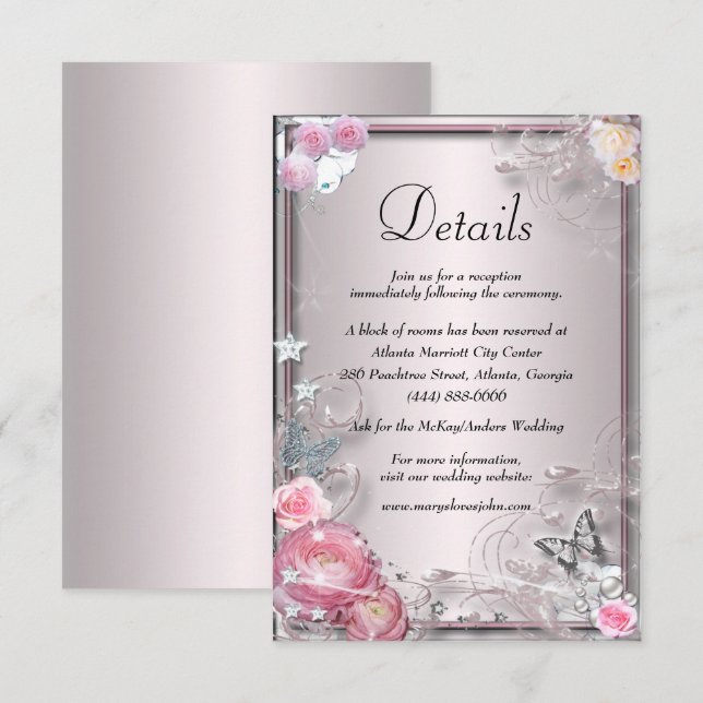 Carte D'accompagnement Détails de mariage floral rose et papillon (Devant / Derrière)