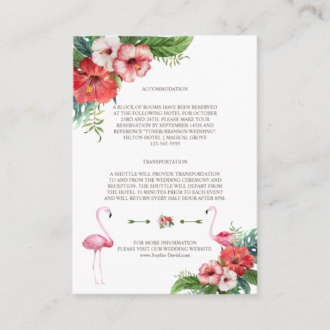 Carte D'accompagnement Détails de mariage floral tropical Luau Flamant (Devant)
