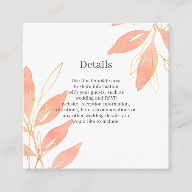 Carte D'accompagnement Détails de mariage floraux à l'aquarelle avec pêch (Devant)