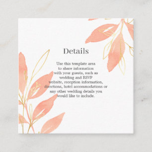 Carte D'accompagnement Détails de mariage floraux à l'aquarelle avec pêch