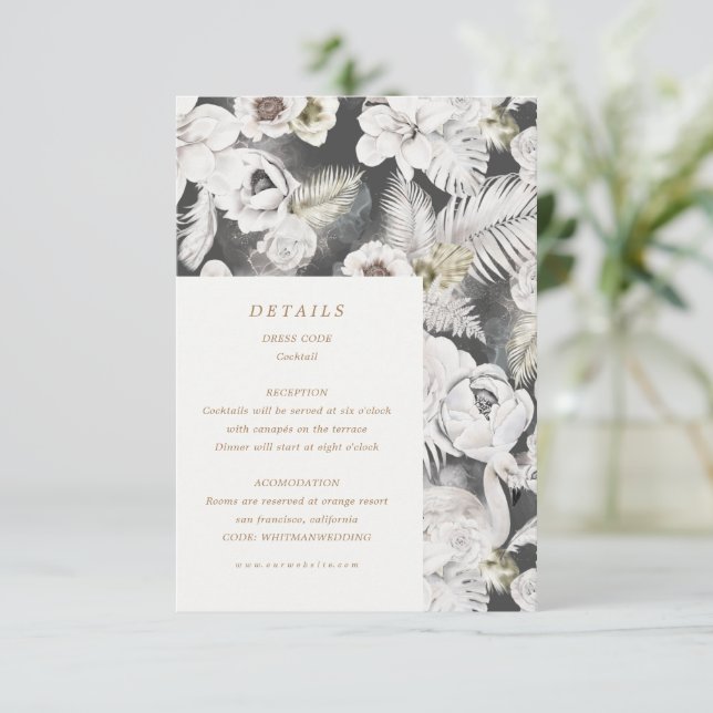 Carte D'accompagnement détails de mariage floraux argentés romantiques (Debout devant)