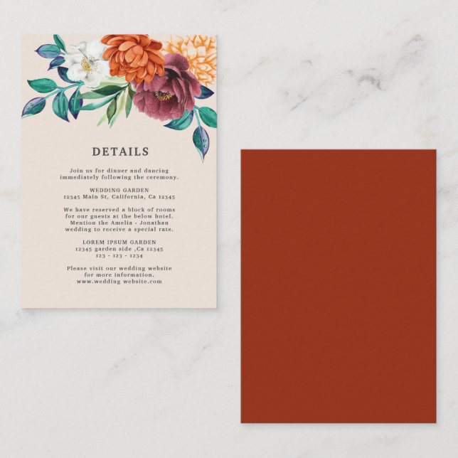 Carte D'accompagnement Détails de mariage floraux en terre cuite orange b (Devant / Derrière)