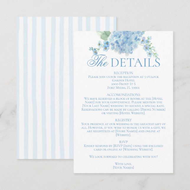 Carte D'accompagnement Détails de mariage Hortensia Bleu Jardin Anglais (Devant / Derrière)