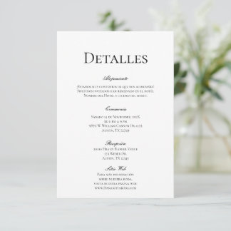 Carte D'accompagnement Détails de mariage Minimaliste en espagnol
