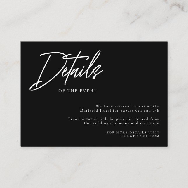 Carte D'accompagnement Détails de Mariage noir simple moderne (Devant)
