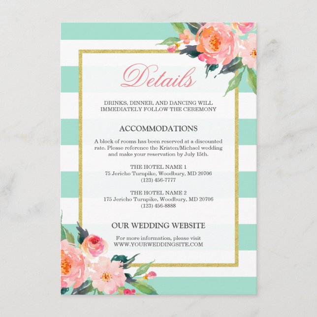 Carte D'accompagnement Détails de mariage or et rayures vertes menthe flo (Devant)