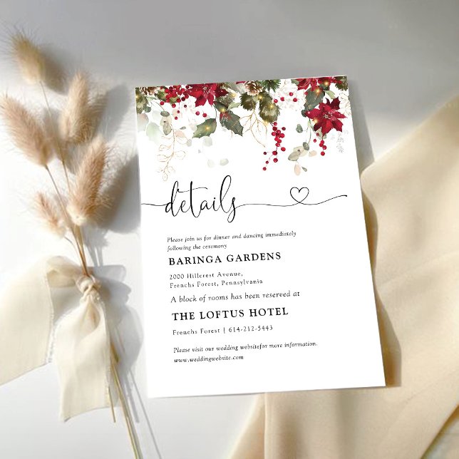 Carte D'accompagnement Détails de mariage Poinsettia Rouge de Noël  (Créateur téléchargé)