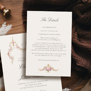 Carte D'accompagnement Détails de mariage rose Château français de jardin