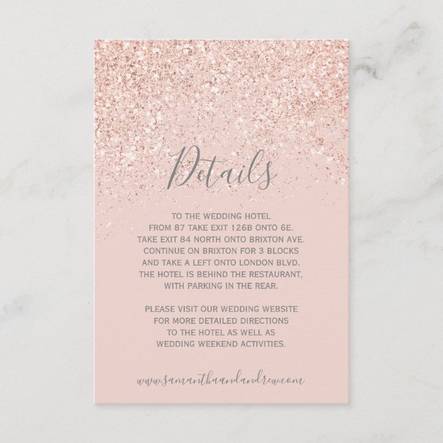 Carte D'accompagnement Détails de mariage rose doré pailleté rose gris (Devant)