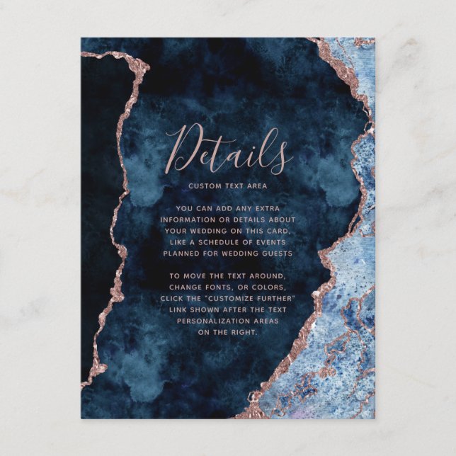 Carte D'accompagnement Détails de mariage Rose Gold et Bleu Marine Agate (Devant)