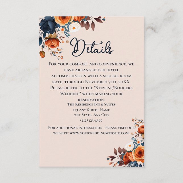 Carte D'accompagnement Détails de mariage rustique brûlé orange et bleu (Devant)