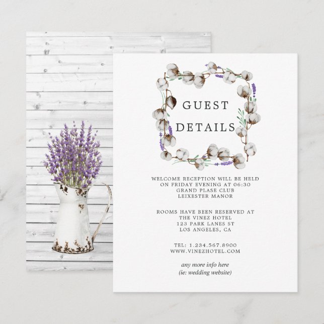 Carte D'accompagnement Détails de mariage rustique en coton lavande pour  (Devant / Derrière)