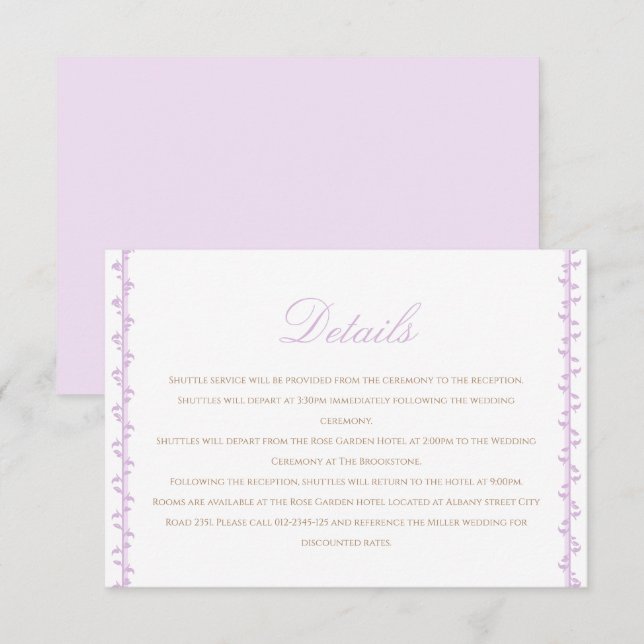 Carte D'accompagnement Détails de mariage Simple Lavender Crest (Devant / Derrière)