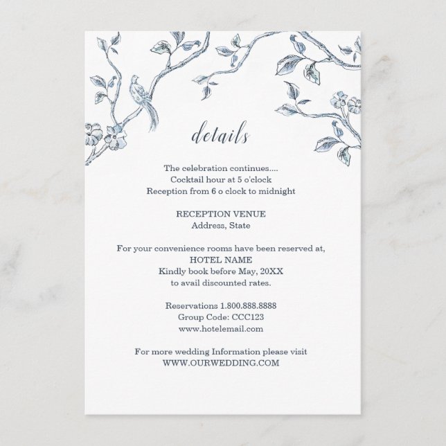 Carte D'accompagnement Détails de mariage Toile française bleue et blanch (Devant)