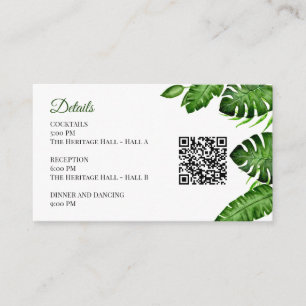 Carte D'accompagnement Détails de mariage tropical QR Code Monstera verdu