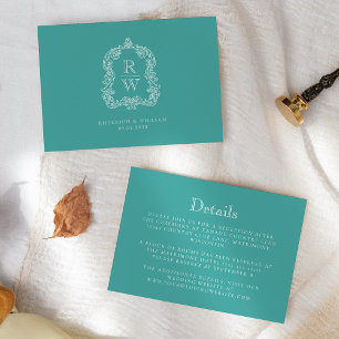 Carte D'accompagnement Détails de mariage Turquoise Blanc Monogramme Crêt