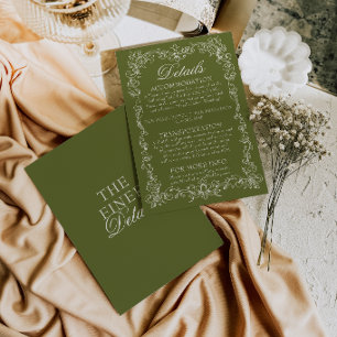 Carte D'accompagnement Détails de mariage vert olive vintage d'argent anc