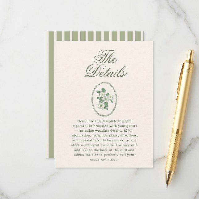 Carte D'accompagnement Détails de mariage vert sauge (Devant/Arrière en situation)