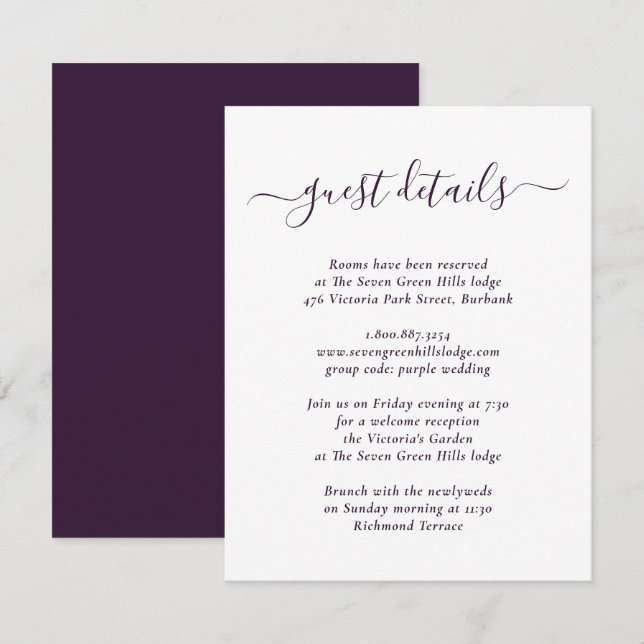 Carte D'accompagnement Détails de mariage violet moderne élégant (Devant / Derrière)
