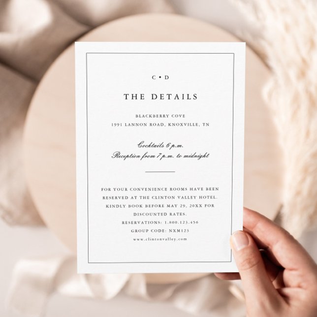 Carte D'accompagnement Détails de monogramme de mariage simple noir et bl (Simple Monogram Wedding Details Enclosure Cards.)