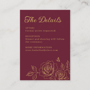 Carte D'accompagnement Détails de Quinceañera Floraux Rouge et Or