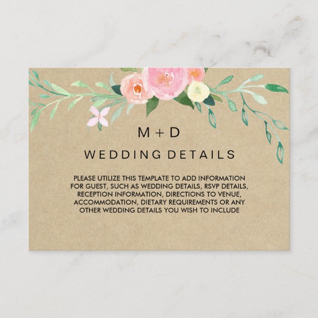 Carte D'accompagnement Détails de réception de mariage floral bohème rust (Devant)