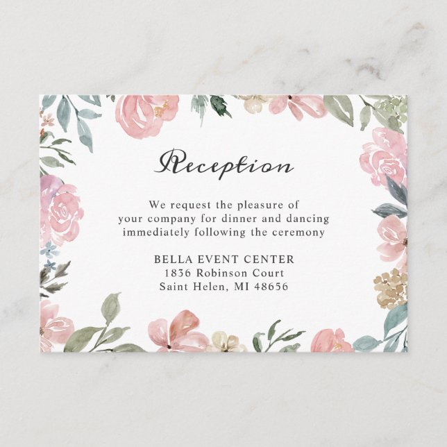 Carte D'accompagnement Détails de réception de mariage floral rose poussi (Devant)