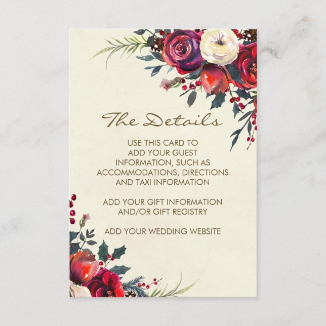 Carte D'accompagnement détails d'information sur le mariage d'hiver vacan (Devant)