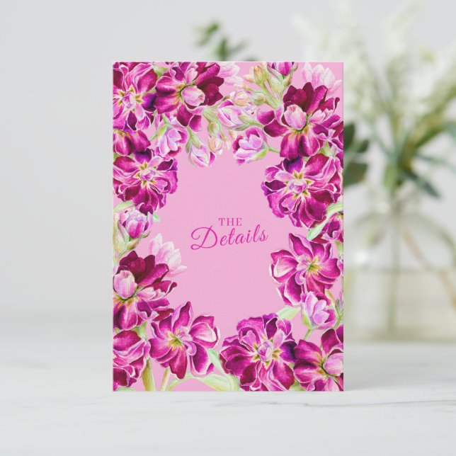 Carte D'accompagnement Détails du mariage à fleurs rose stock avec code Q (Debout devant)