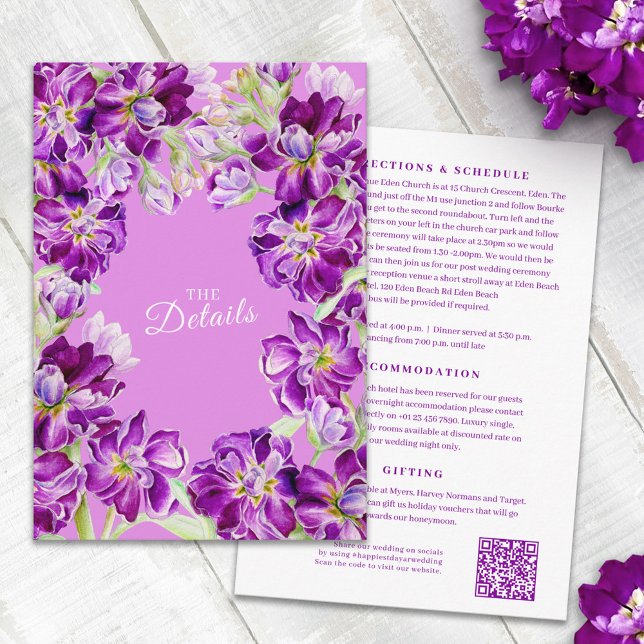 Carte D'accompagnement Détails du mariage à fleurs violet stock avec code (Créateur téléchargé)