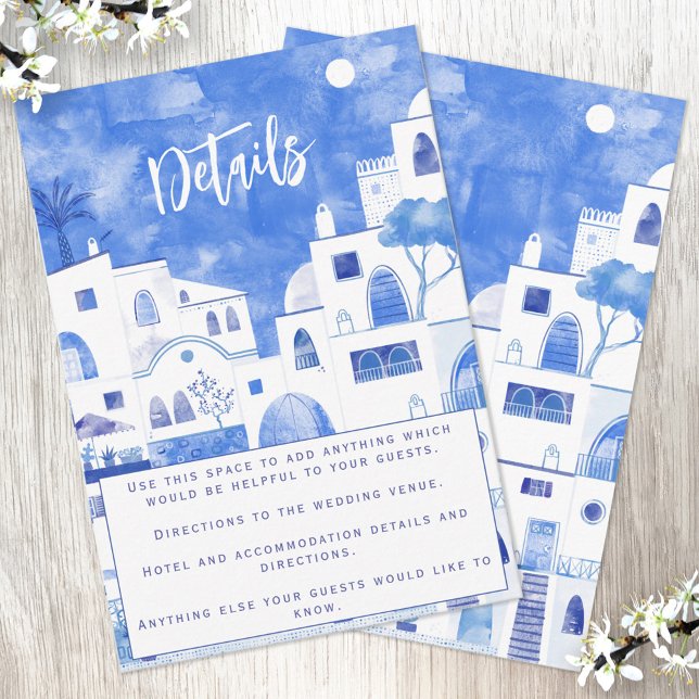 Carte D'accompagnement Détails du mariage à Santorin (Wedding details personalized card featuring a blue and white watercolor painting of Santorini)