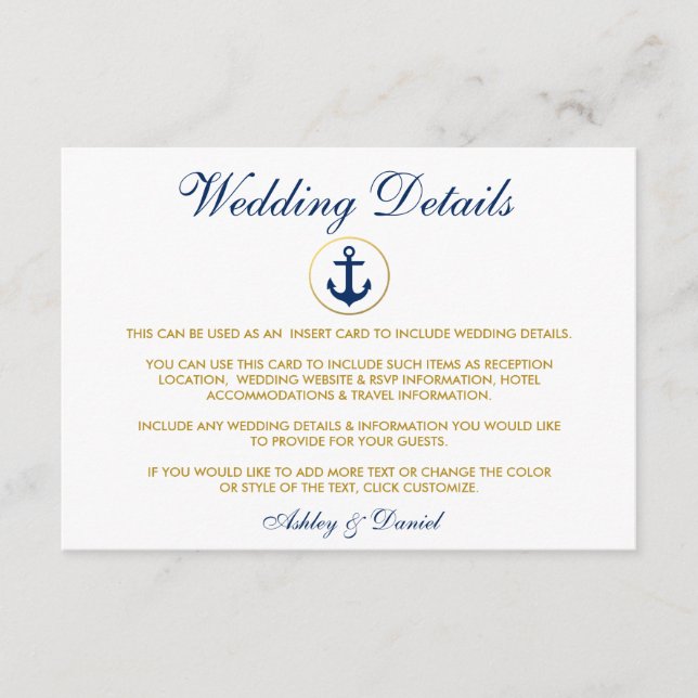 Carte D'accompagnement Détails du Mariage Ancre bleu marine Insérer une c (Devant)