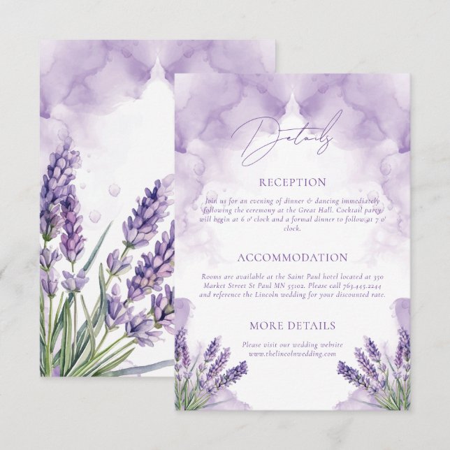Carte D'accompagnement Détails du mariage Aquarelle Lavender Garden (Devant / Derrière)