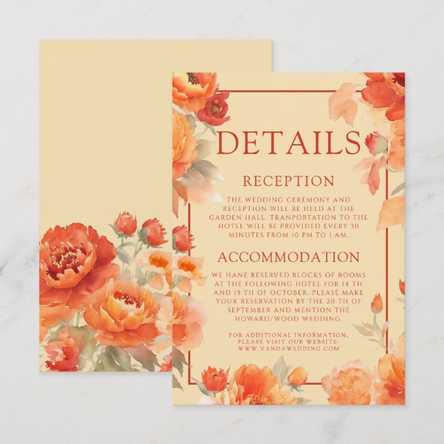 Carte D'accompagnement Détails du mariage Automne Brûlé Orange Floral (Devant / Derrière)