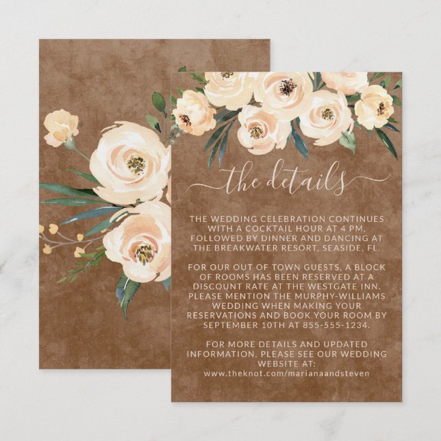 Carte D'accompagnement Détails du Mariage beige floral (Devant / Derrière)