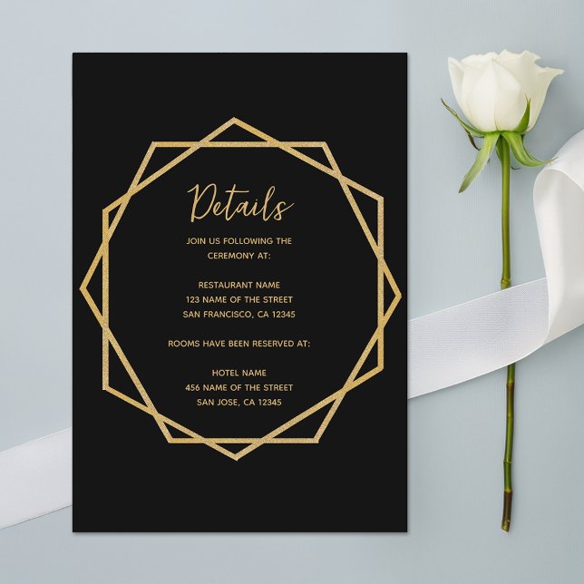 Carte D'accompagnement Détails du mariage Black Gold Elegant Géométrique (Créateur téléchargé)