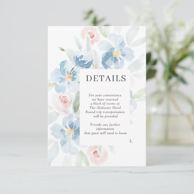 Carte D'accompagnement Détails du Mariage bleu et bleu aquarelle (Debout devant)