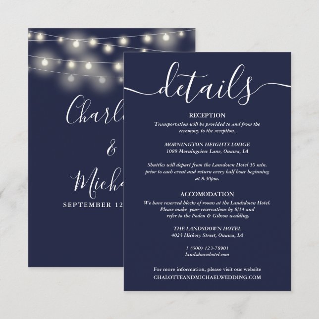 Carte D'accompagnement Détails du Mariage bleu marine (Devant / Derrière)