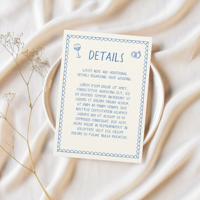 Carte D'accompagnement Détails du Mariage bleu sur l'esquisse rétrospecti (Wedding Details Hand-illustrated, hand-written card)