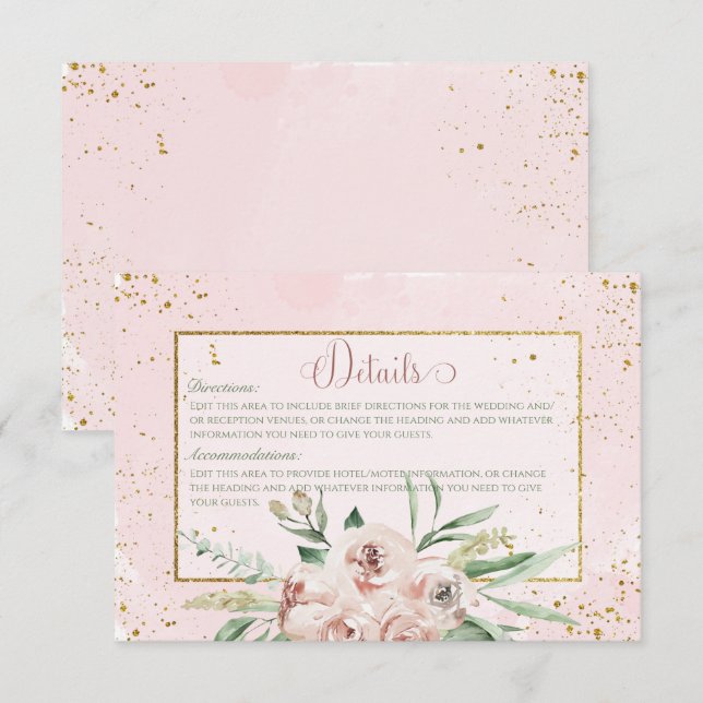 Carte D'accompagnement Détails du Mariage Blush Roses & Gold Accents (Devant / Derrière)