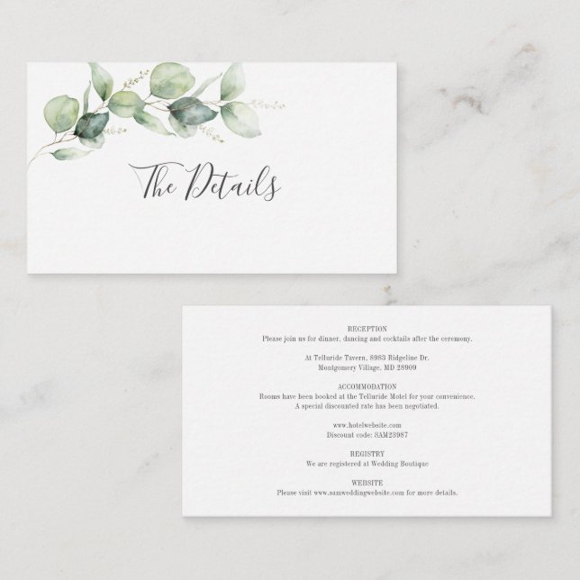Carte D'accompagnement Détails du Mariage botanique Eucalyptus (Devant / Derrière)