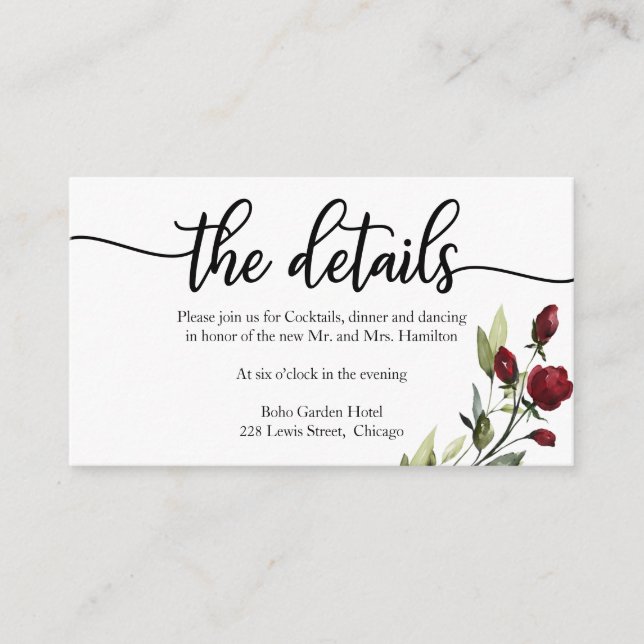Carte D'accompagnement Détails du mariage Bourgogne Floral (Devant)