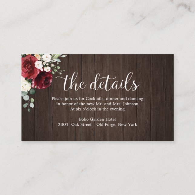 Carte D'accompagnement Détails du mariage Bourgogne Rustique Floral (Devant)
